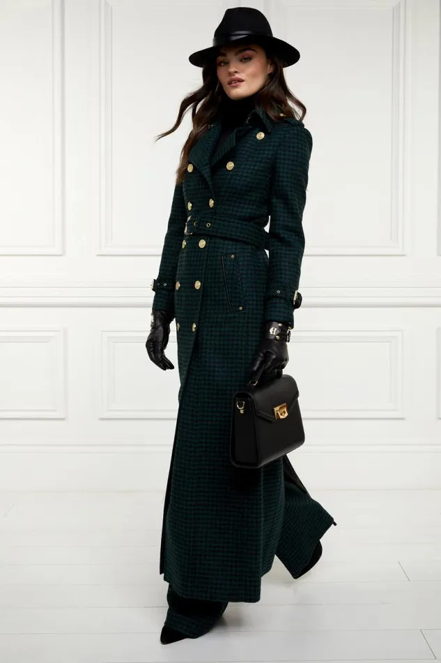Women Full Length Marlborough Trench Coat Emerald Houndstooth Holland Cooper Tailoring