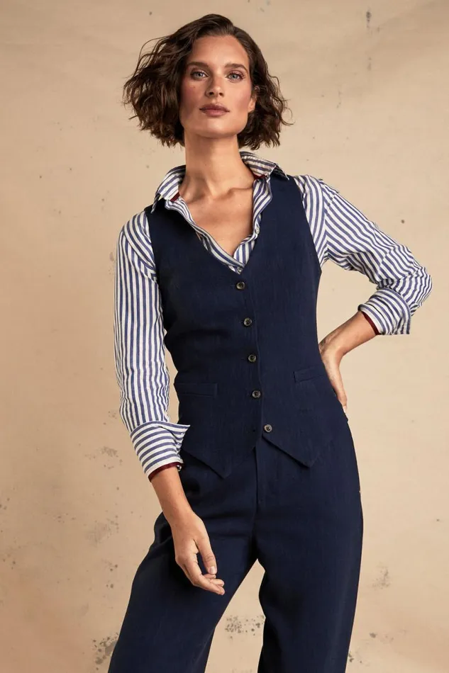 Women Hampton Waistcoat Navy Linen Holland Cooper Tailoring