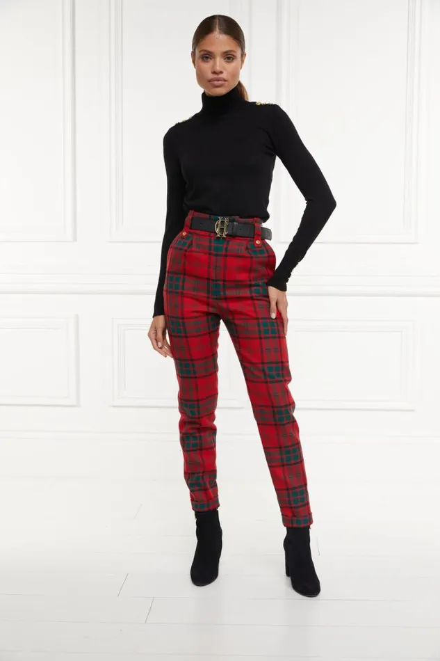 Women High Waisted Peg Trouser Red Tartan Holland Cooper Tailoring