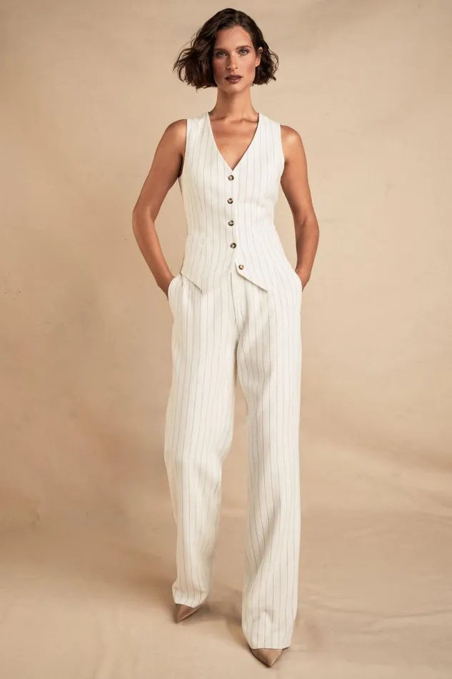 Women High Waisted Straight Trouser Oyster Linen Pinstripe Holland Cooper Tailoring