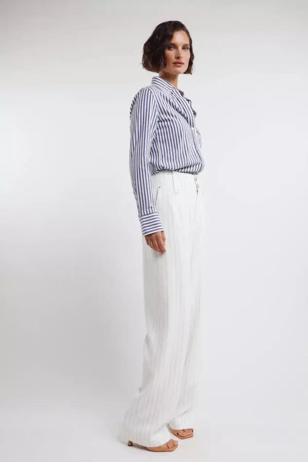 Women High Waisted Straight Trouser Oyster Linen Pinstripe Holland Cooper Tailoring