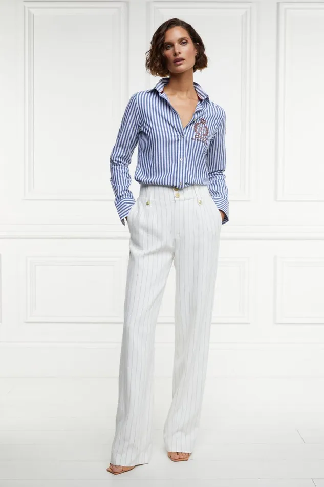 Women High Waisted Straight Trouser Oyster Linen Pinstripe Holland Cooper Tailoring