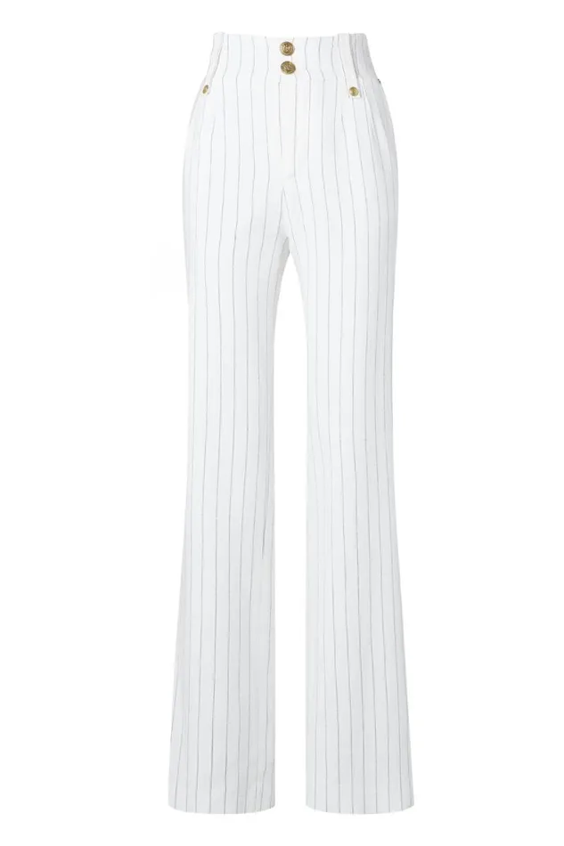 Women High Waisted Straight Trouser Oyster Linen Pinstripe Holland Cooper Tailoring