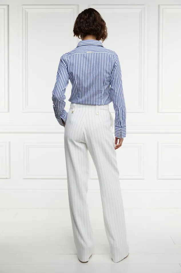 Women High Waisted Straight Trouser Oyster Linen Pinstripe Holland Cooper Tailoring