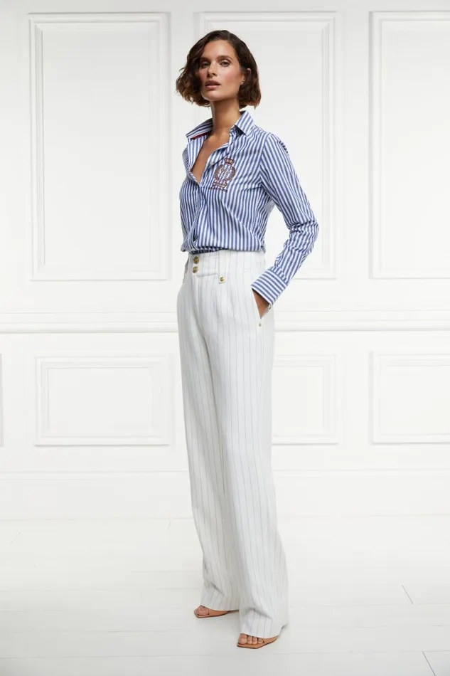 Women High Waisted Straight Trouser Oyster Linen Pinstripe Holland Cooper Tailoring