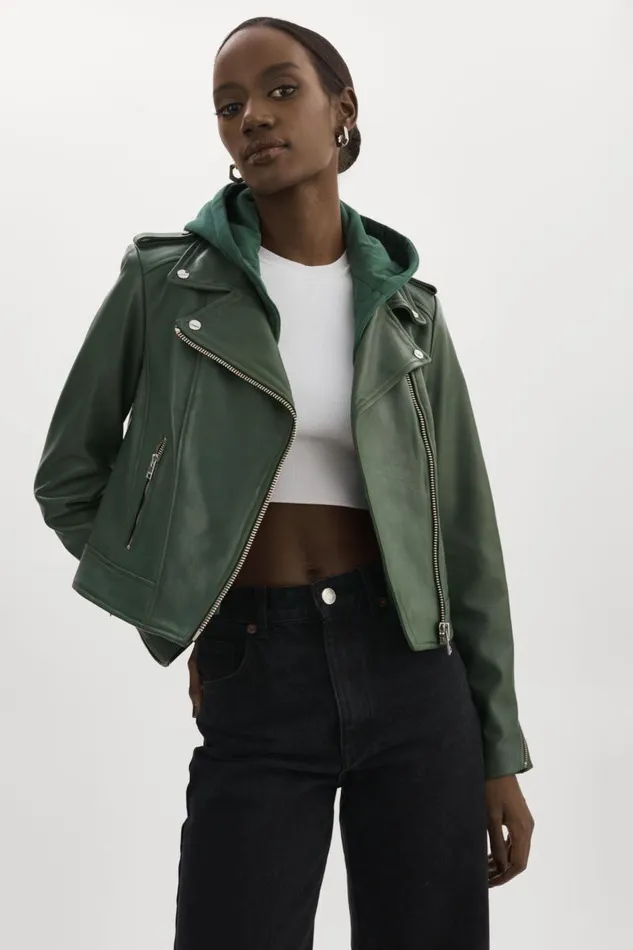 Women HOLY Leather Biker Jacket With Removable Hood Alpine Green LAMARQUE Leather Jackets