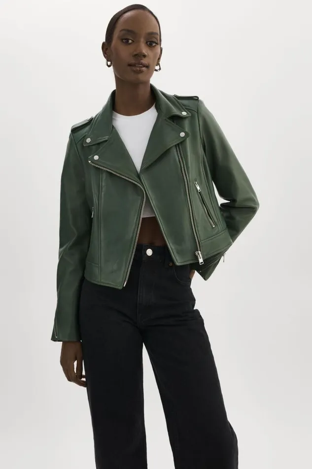 Women HOLY Leather Biker Jacket With Removable Hood Alpine Green LAMARQUE Leather Jackets Women HOLY Leather Biker Jacket With Removable Hood Alpine Green LAMARQUE Leather Jackets