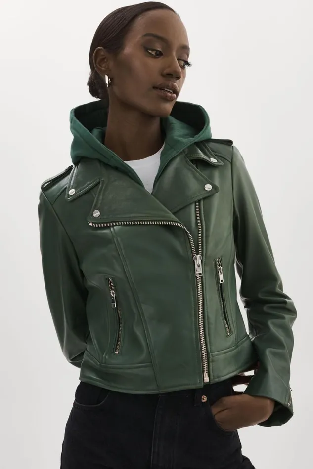 Women HOLY Leather Biker Jacket With Removable Hood Alpine Green LAMARQUE Leather Jackets Women HOLY Leather Biker Jacket With Removable Hood Alpine Green LAMARQUE Leather Jackets