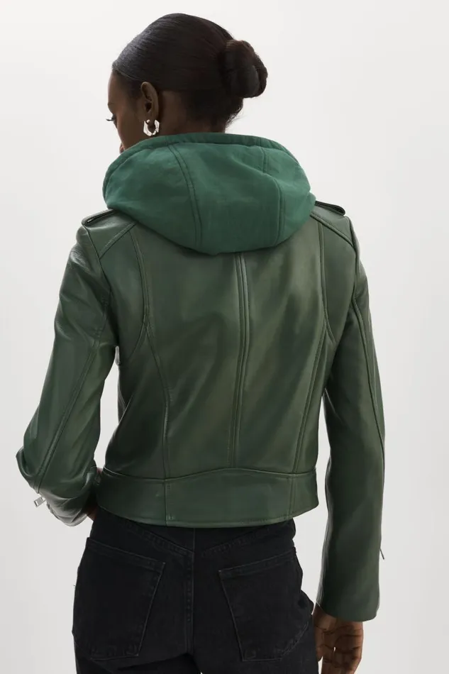 Women HOLY Leather Biker Jacket With Removable Hood Alpine Green LAMARQUE Leather Jackets Women HOLY Leather Biker Jacket With Removable Hood Alpine Green LAMARQUE Leather Jackets