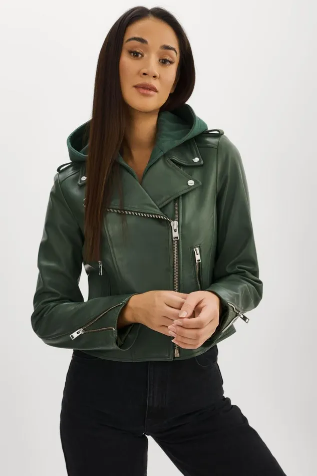 Women HOLY Leather Biker Jacket With Removable Hood Alpine Green LAMARQUE Leather Jackets Women HOLY Leather Biker Jacket With Removable Hood Alpine Green LAMARQUE Leather Jackets