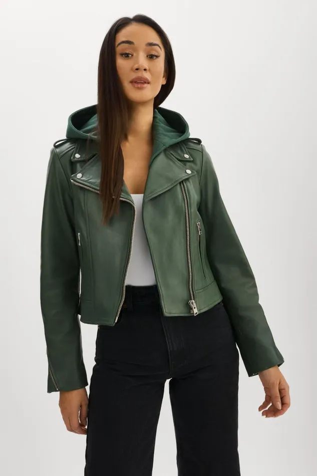 Women HOLY Leather Biker Jacket With Removable Hood Alpine Green LAMARQUE Leather Jackets Women HOLY Leather Biker Jacket With Removable Hood Alpine Green LAMARQUE Leather Jackets