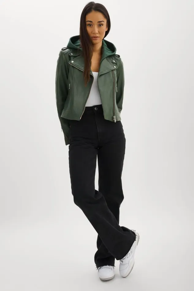 Women HOLY Leather Biker Jacket With Removable Hood Alpine Green LAMARQUE Leather Jackets Women HOLY Leather Biker Jacket With Removable Hood Alpine Green LAMARQUE Leather Jackets