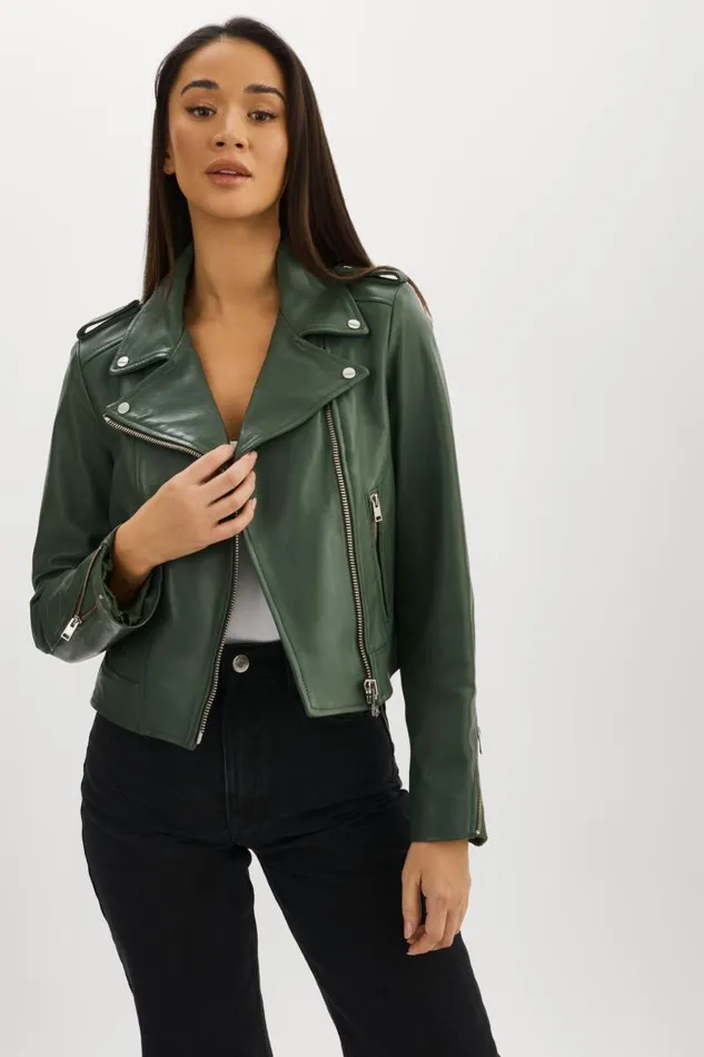 Women HOLY Leather Biker Jacket With Removable Hood Alpine Green LAMARQUE Leather Jackets Women HOLY Leather Biker Jacket With Removable Hood Alpine Green LAMARQUE Leather Jackets