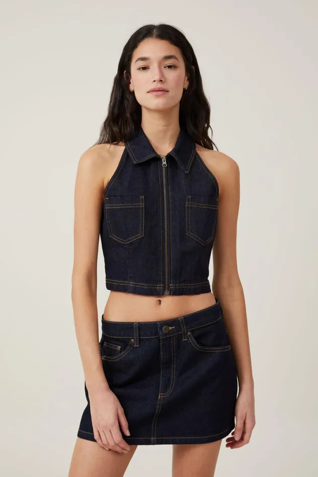 Women Jackets Cotton On Collar Denim Vest Indigo
