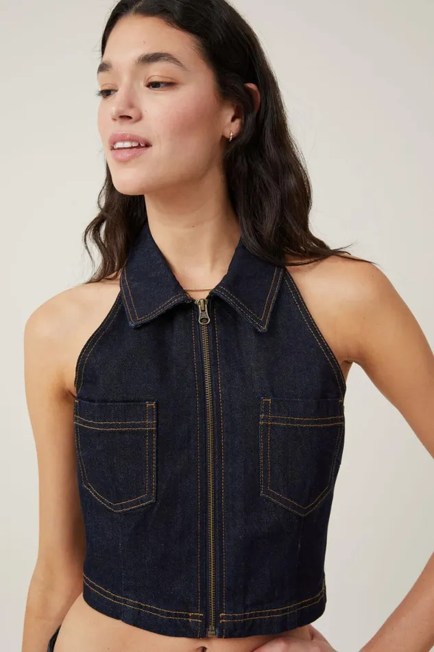 Women Jackets Cotton On Collar Denim Vest Indigo
