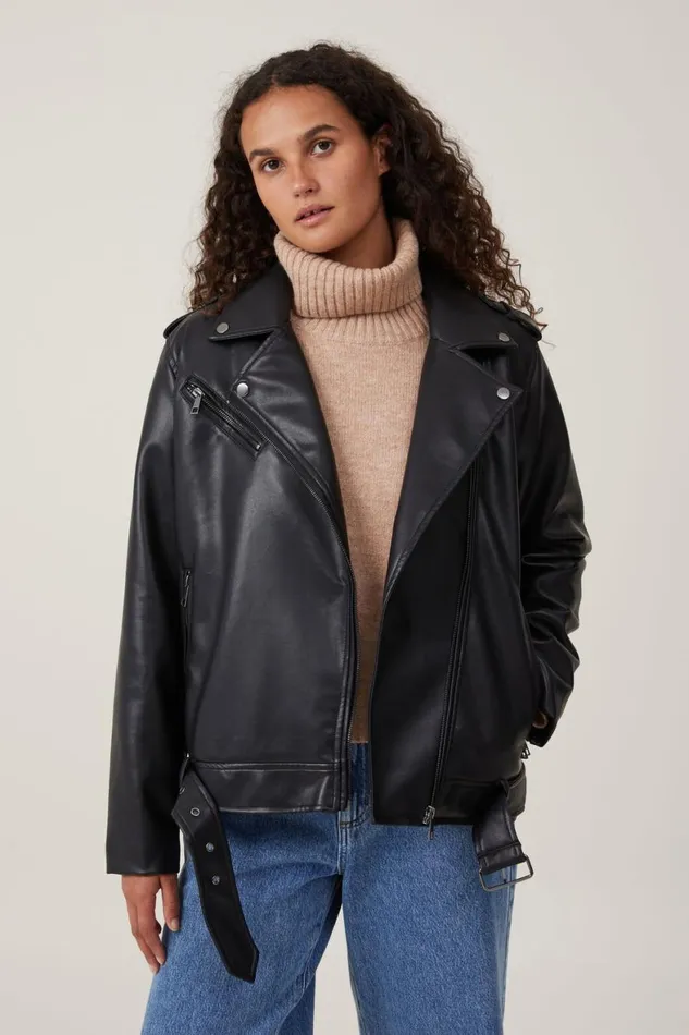 Women Jackets Cotton On Faux Leather Biker Jacket Black