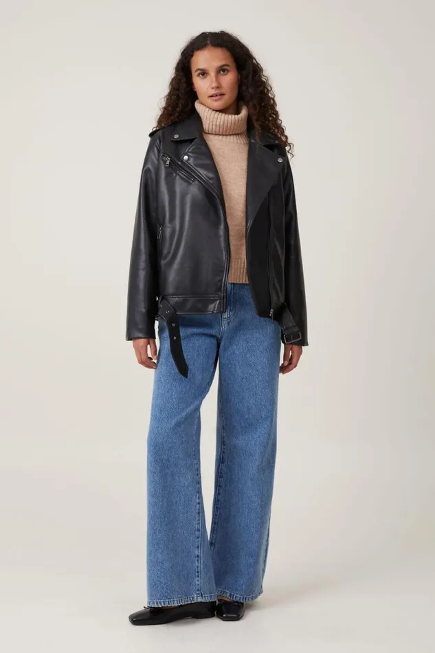 Women Jackets Cotton On Faux Leather Biker Jacket Black