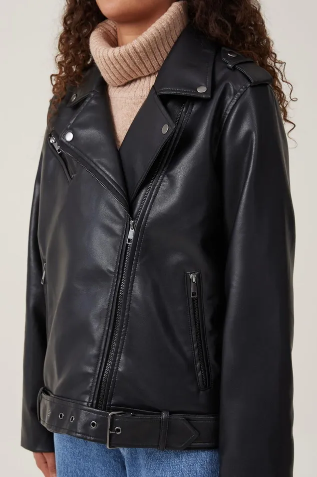 Women Jackets Cotton On Faux Leather Biker Jacket Black