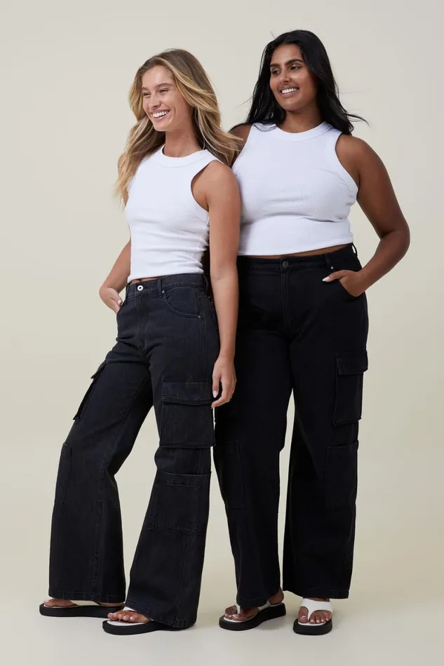 Women Jeans Cotton On Cargo Wide Leg Jean Graphite Black