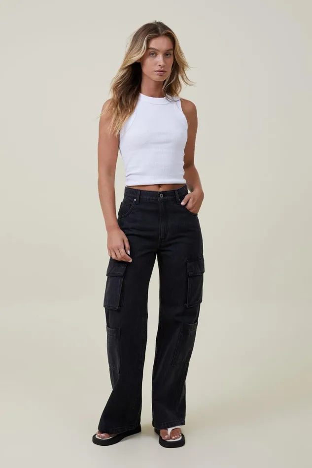 Women Jeans Cotton On Cargo Wide Leg Jean Graphite Black