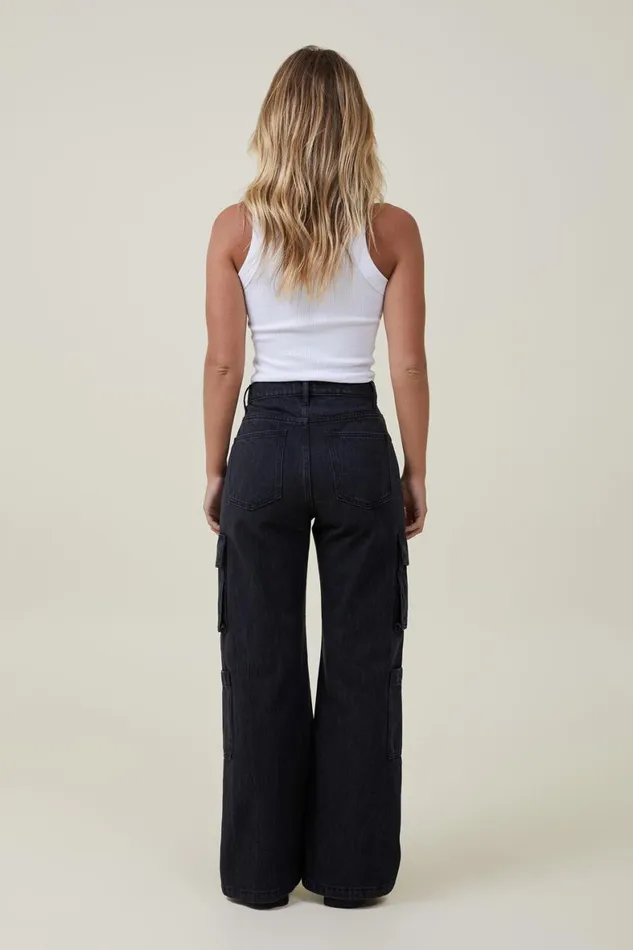 Women Jeans Cotton On Cargo Wide Leg Jean Graphite Black