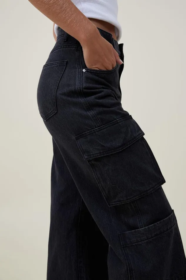 Women Jeans Cotton On Cargo Wide Leg Jean Graphite Black