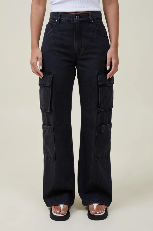 Women Jeans Cotton On Cargo Wide Leg Jean Graphite Black