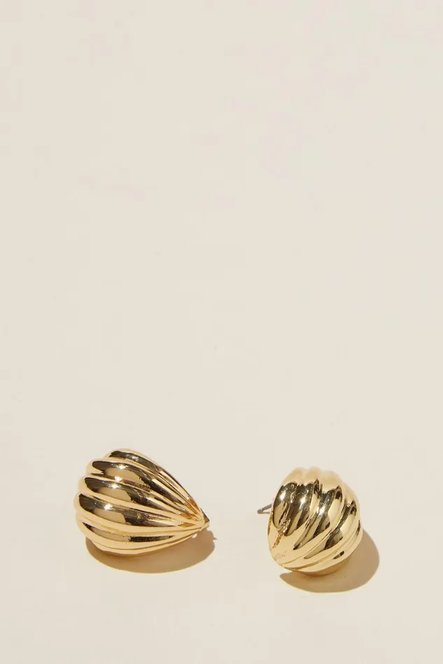 Women Jewelry Cotton On Mid Charm Earring Gold Plated Ridged Tear Drop Stud