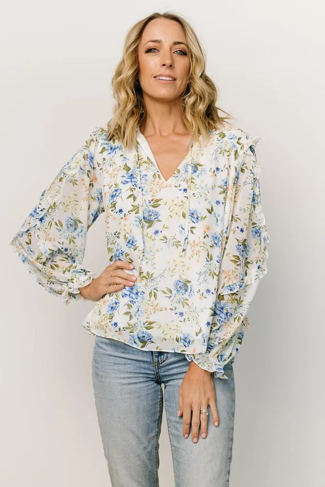 Women Karlie Long Sleeve Ruffle Top Blue Floral Baltic Born Blouses and Shirts