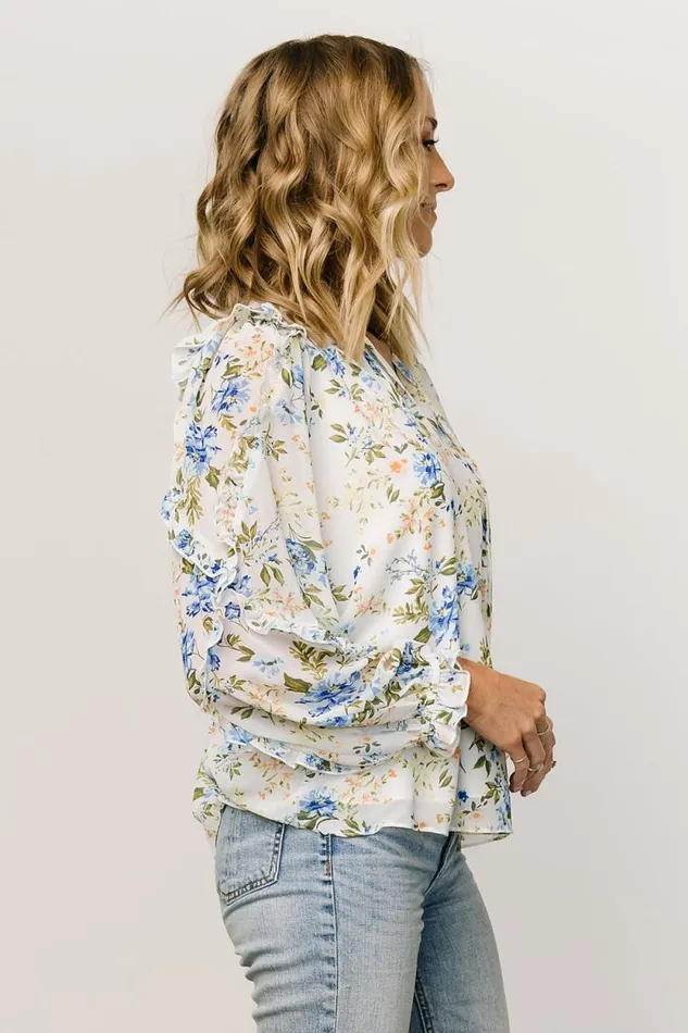 Women Karlie Long Sleeve Ruffle Top Blue Floral Baltic Born Blouses and Shirts