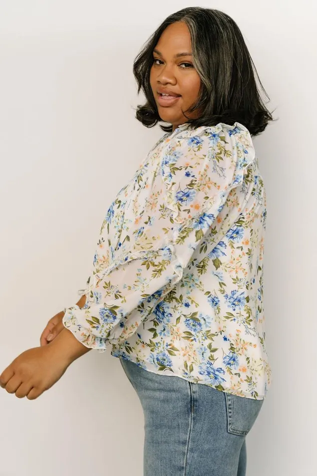 Women Karlie Long Sleeve Ruffle Top Blue Floral Baltic Born Blouses and Shirts