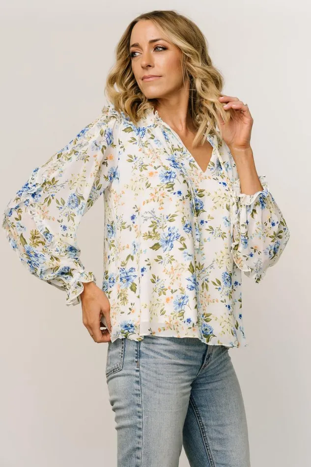 Women Karlie Long Sleeve Ruffle Top Blue Floral Baltic Born Blouses and Shirts