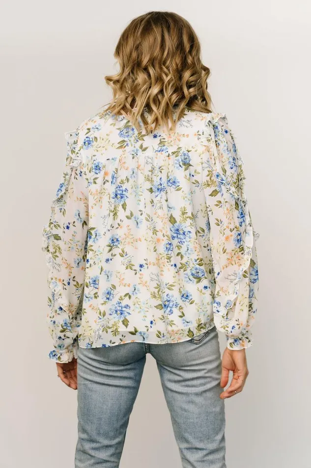 Women Karlie Long Sleeve Ruffle Top Blue Floral Baltic Born Blouses and Shirts