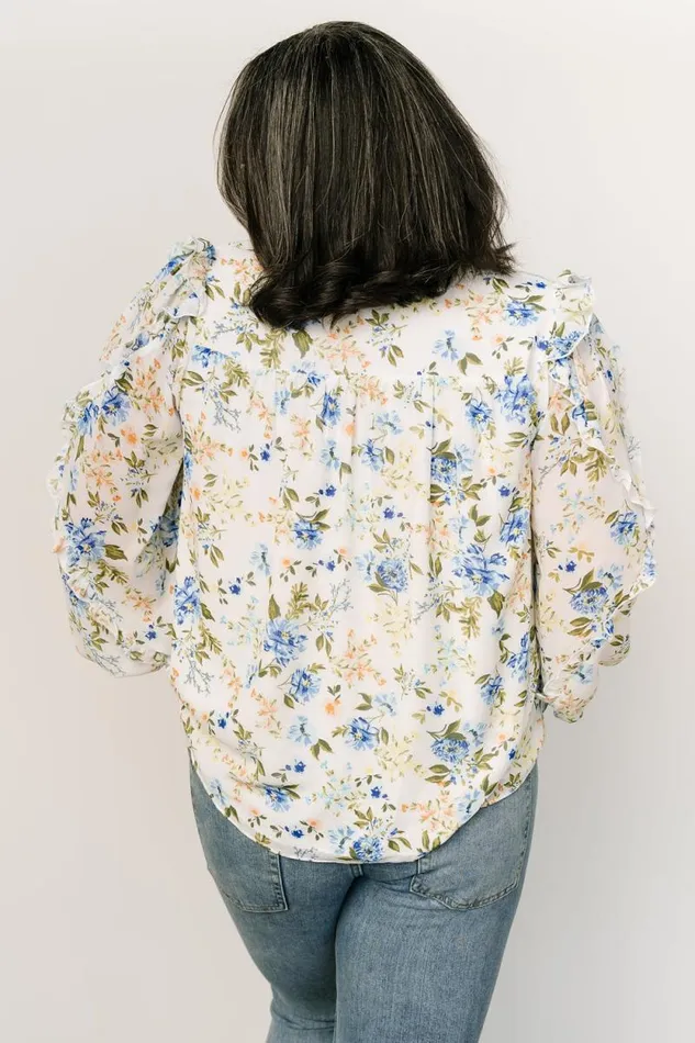 Women Karlie Long Sleeve Ruffle Top Blue Floral Baltic Born Blouses and Shirts