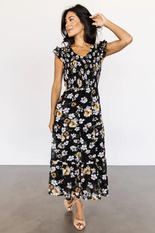 Women Kenna Smocked Midi Dress Black Floral Baltic Born Midi Dresses