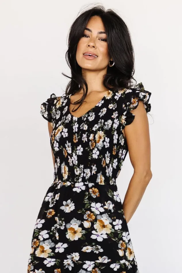 Women Kenna Smocked Midi Dress Black Floral Baltic Born Midi Dresses