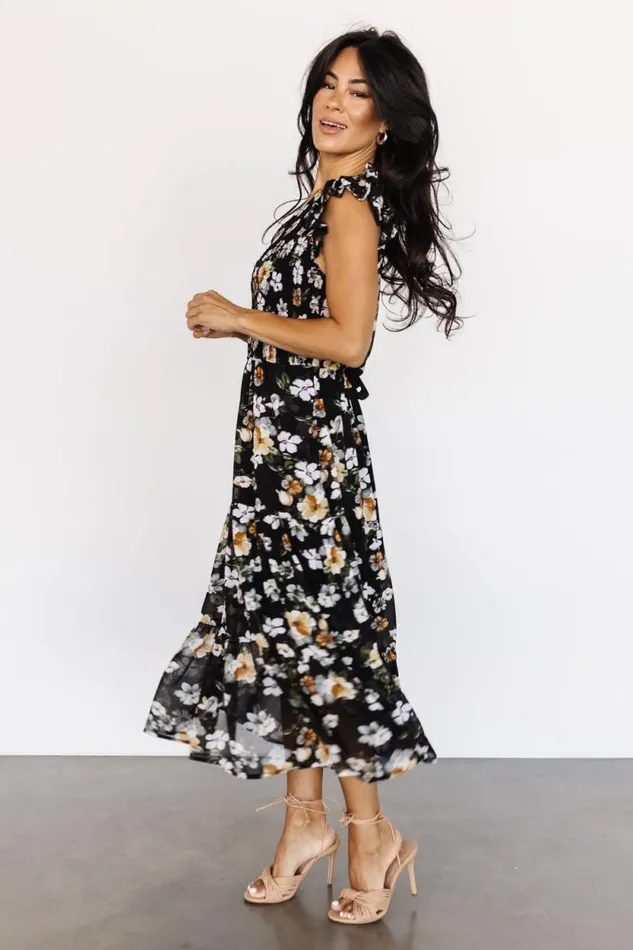 Women Kenna Smocked Midi Dress Black Floral Baltic Born Midi Dresses