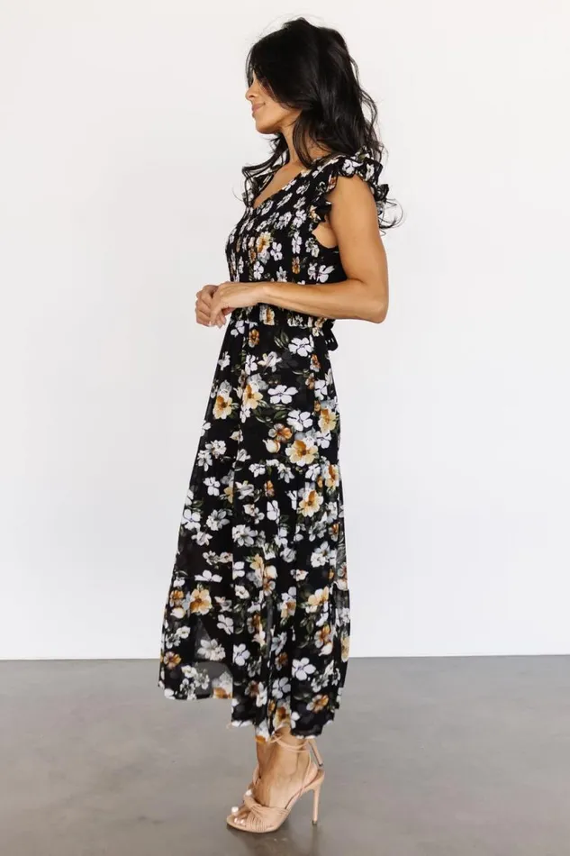 Women Kenna Smocked Midi Dress Black Floral Baltic Born Midi Dresses