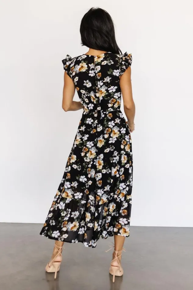 Women Kenna Smocked Midi Dress Black Floral Baltic Born Midi Dresses