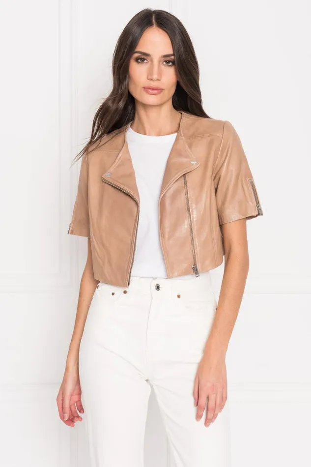 Women KIRSI Cropped Biker Jacket Camel LAMARQUE Short Sleeve Jackets