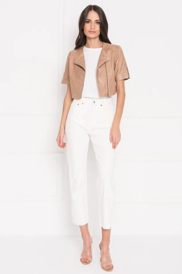 Women KIRSI Cropped Biker Jacket Camel LAMARQUE Short Sleeve Jackets