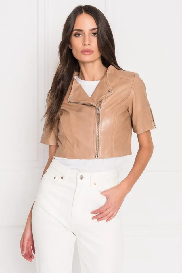 Women KIRSI Cropped Biker Jacket Camel LAMARQUE Short Sleeve Jackets