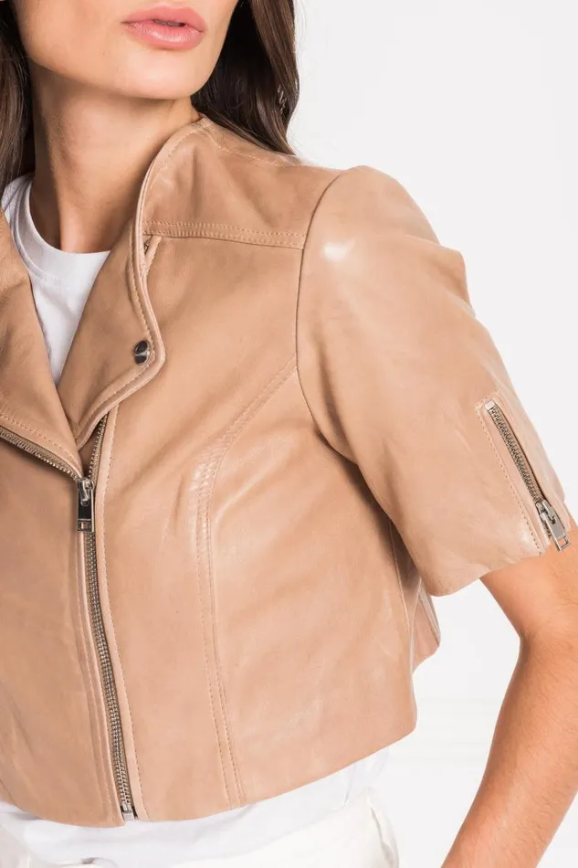 Women KIRSI Cropped Biker Jacket Camel LAMARQUE Short Sleeve Jackets