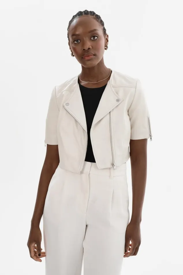 Women KIRSI Cropped Biker Jacket Winter White LAMARQUE Leather Jackets