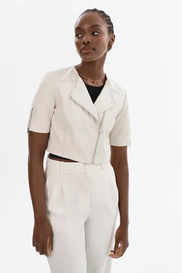 Women KIRSI Cropped Biker Jacket Winter White LAMARQUE Leather Jackets