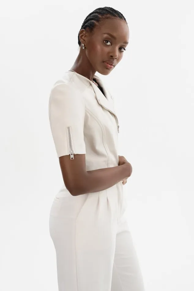 Women KIRSI Cropped Biker Jacket Winter White LAMARQUE Leather Jackets