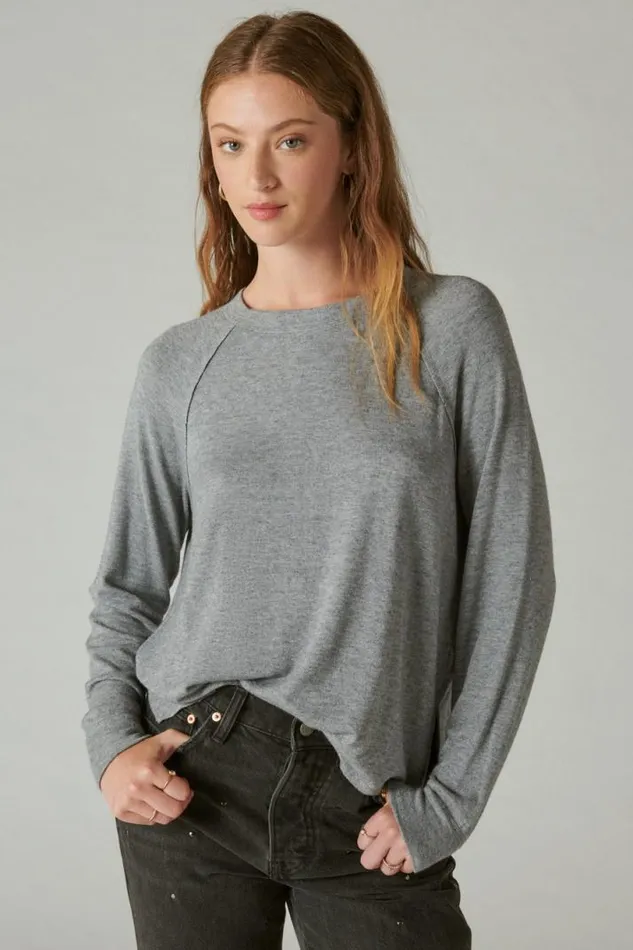 Women Lucky Brand Activewear Cloud Jersey Long Sleeve Crew Heather Combo