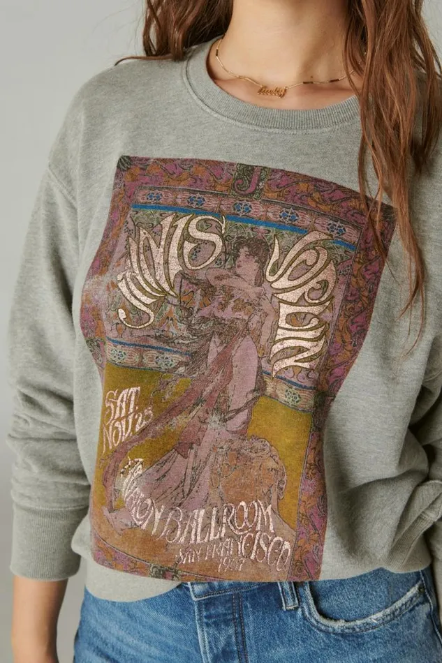 Women Lucky Brand Activewear Janis Joplin Poster Pullover Heather Grey