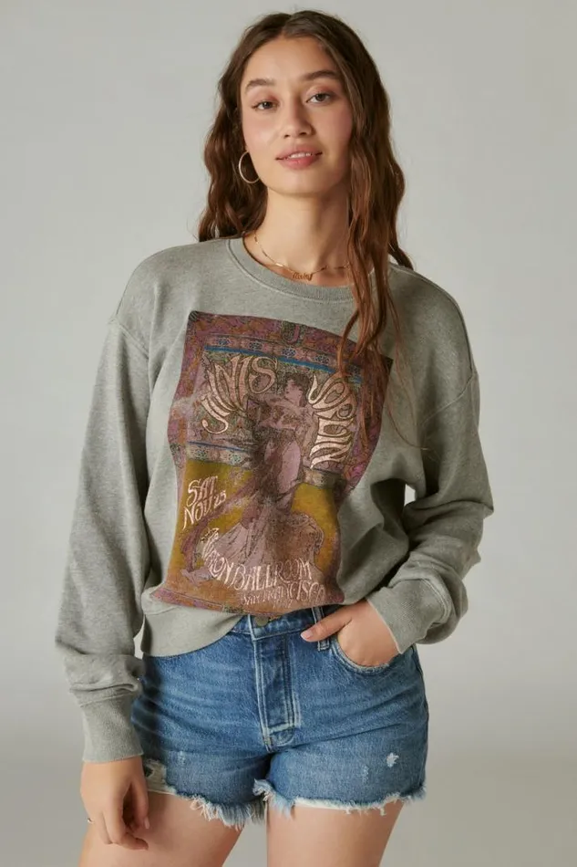 Women Lucky Brand Activewear Janis Joplin Poster Pullover Heather Grey
