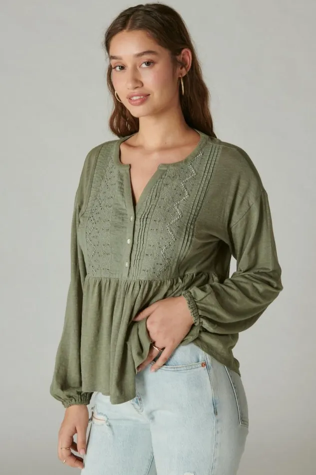 Women Lucky Brand All Tops Beaded Embroidered Pintuck Peplum Top Balsam Green